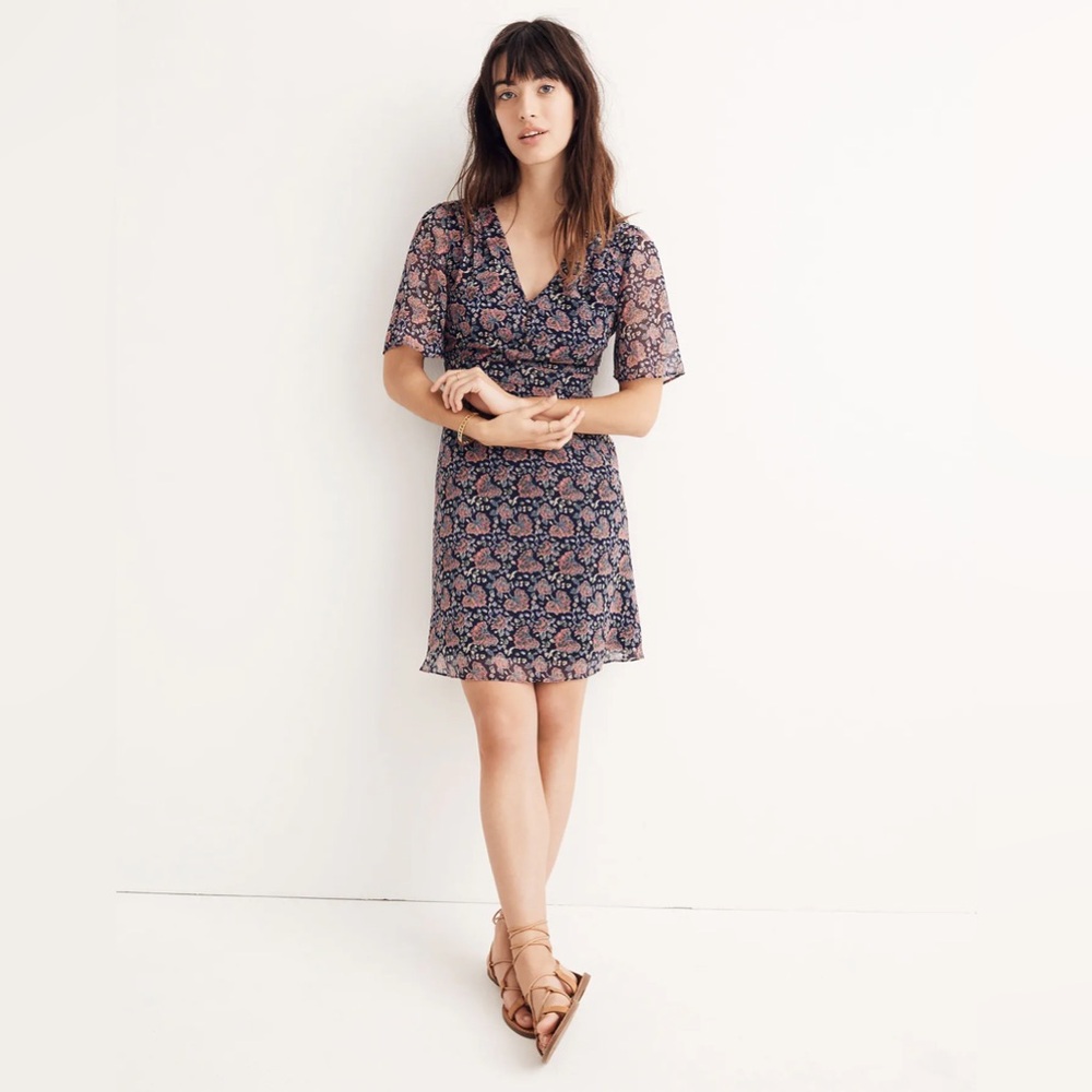 Madewell Orchard Flutter-Sleeve Dress in Fan Floral Mix - size (12)